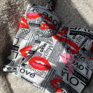 Liz And Sara Cropped News Paper Kiss Thin Strap Top